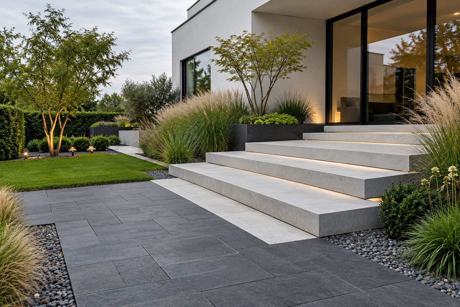 Gestaltungsidee: Gartenstufen und Basaltpflaster