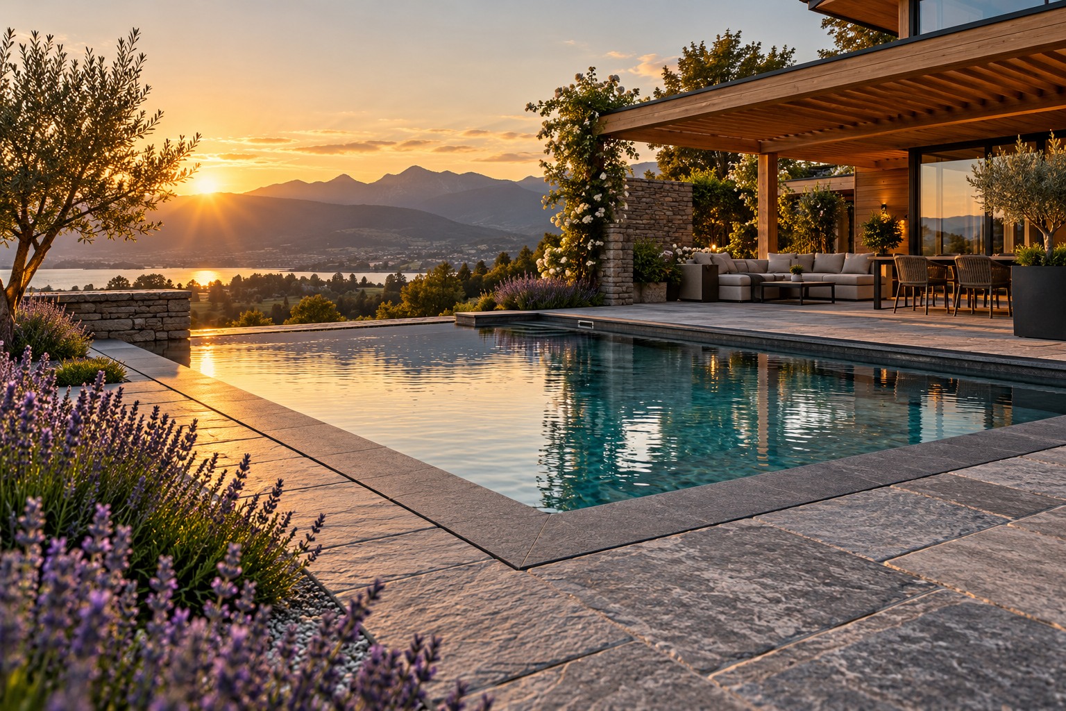 Gestaltungsidee: Poolterrasse im Abendlicht